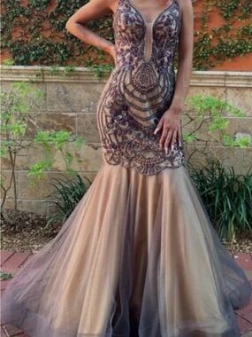 Beaded Taupe Mermaid Prom Dress‎ with Illusion Bodice